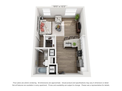 Floor plan for studio, 1 bath, 621 sqft